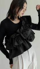 ★S .S. S★プロフ必読様専用【新品】タフタフリルドッキングニットトップス ブラック▪️Re:EDIT リエディ