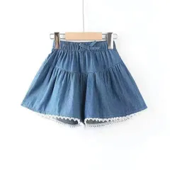 キッズ　ガールズ　レース付き薄手デニムキュロット　スカパン　短パン　140 150 160サイズ