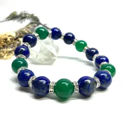 ラピスラズリ&緑瑪瑙 パワーストーン ブレスレット 天然石ブレス (シルバー) 12mm メンズ　レディース 男性  女性 9月・12月誕生石 幸運 金運 厄払い 数珠 [j]
