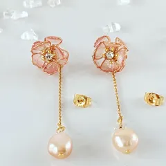 ゆらゆらゆれる 桜  と ピンク の パール の 金属アレルギー対応 ピアス
