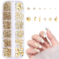 【迅速発送】ネイルパーツ【約1130個入り 12種類】 ラインストーン ガラスストーン DIYネイル デート 女性 飾り フェスティバル 立体 水滴形 ひし形 ハート キラキラ 大容量セット 箱入り AB ラインストーン(シャンパン色)