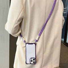 斜め掛けスマホケース パープル iPhone 16/16Pro/15/15Pro 透明TPU シリコン 柔らかい クリアケース 肩掛けケース ロングストラップ付き ブラック 黒 黒縁 SC005
