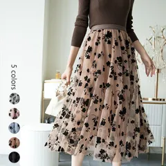 【在庫限り！】2A20花柄 刺繍 5カラー チュールスカート ふんわり Aライン 裏地付き ウエストゴム 体型カバー おしゃれ【送料無料】