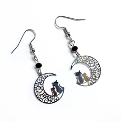 猫 月 ピアス 親子 レディース おしゃれ かわいい ギフト ペア 猫ちゃん アニマル 動物 幸運 フックタイプ カジュアル 贈り物 贈りもの 新品