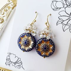 No.424☆ブルー☆マーブル☆しずく☆プレート☆白☆大ぶり☆ピアス 