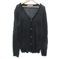 ナノユニバース nano universe ニットカーディガン ミドル丈 Vネック 透かし編み ストライプ柄 L 黒 グレー ブラック /FF23