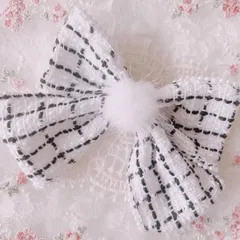 ❤️193ツイードパールリボンクリップピン❤️ホワイトチェック