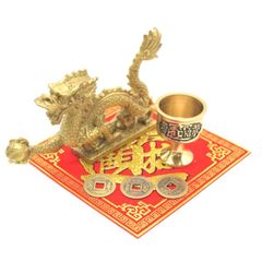龍 銅製置物 銅杯 古銭付き 風水セット 中