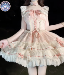 星【新品未使用】小芙蝶 ロリータ ワンピース JSK lolita ジャンパースカート  ゴスロリ バレエ風フリルドレス   お姫様風ピンク誕生日ドレス 夢かわいい推し活コーデ