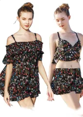 Amelia Miifa 水着 レディース ビキニ 3点セット ワンピース オフショル キャミソール タンキニ ワイヤー入り 体系カバー セパレート 大人(ブラック 花柄,  XL)