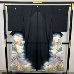 505aa10◇アンティーク着物 絽 古典柄 黒留袖 大正ロマン 昭和レトロ 和洋MIX リメイク◇状態良好