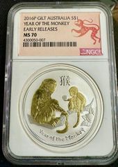 YEAR OF THE MONKEY LUNAR 2016 ATRALIA GILT $1 SILVER COIN MS 70 ER
