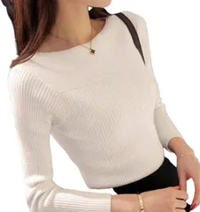 GIVEK ニット 長袖 ボート ネック レディース リブ編み タイト トップス Free Size( ホワイト,  Free Size Slim)