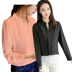 シャツ　ブラウス　長袖　ブラック　ピンク　無地　Vネック　通勤　OL オフィス