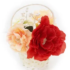 髪飾り 成人式 振袖 袴 ５点セット 赤 オレンジ 花籠 大人 浴衣 かんざし 簪 卒業式 フォーマル 結婚式 花飾り ブライダル パール 手作り W38 W303-285 髪飾り 赤 橙 n824　WSi