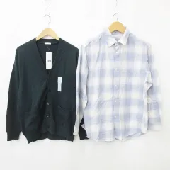 ジーユー GU シャツ カーディガン 2枚セット ネルシャツ 長袖 チェック 綿 Vネック ソフトラム混 青 白 緑 ブルー ホワイト グリーン M