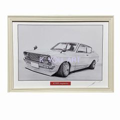 日産 NISSAN 210サニー 2ドアセダン 【鉛筆画】名車 旧車 オールドカー ノスタルジックカー イラスト 絵画 デッサン 絵　A4サイズ   額付き 作者直筆サイン入り 車好き 男性 向け バースデー  定年退職祝い ギフト プレゼント に
