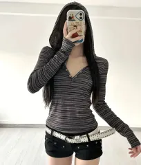 ボーダー柄 フード 長袖 Tシャツ