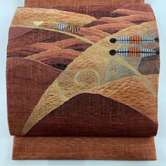 【美品】 袋帯 秀品 波 幾何学模様 金糸 赤茶 お太鼓柄 正絹 【中古】