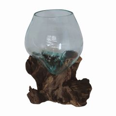 溶けたガラス＆天然木 の花瓶 フラワーベース Sサイズ 流木風 オブジェ アート 睡蓮鉢 すいれん鉢 金魚鉢 めだか鉢 メダカ鉢 ナチュラルティスト バリガラス 090456