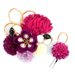 髪飾り 成人式 水引 つまみ細工 振袖 前撮り 袴 2点セット 花 菊 ちりめん 紫 赤紫 白 玉飾り 和柄 コーム Ｕピン かんざし か No.12-0649