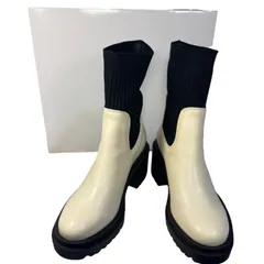 IK001 【未使用】ショートブーツ ソックス オフホワイト アイボリー ブラック 厚底 収納箱入り レディース L