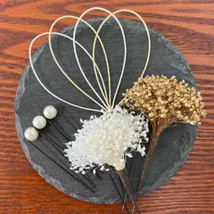 かすみ草　水引　パール　ホワイト　ゴールド　和紐　タッセル　髪飾り　結婚式　成人式　七五三　卒業式　前撮り　振袖　袴　和装　着物　浴衣