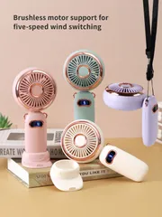 1200mAh リチウム電池搭載 充電式 ポータブル ブラシレスモーター ハンディ 5段階風量調節 アロマディフューザー機能付き ミニファン USB充電ケーブル&スタンド、スマホホルダー、ランヤード付きのサムネイル