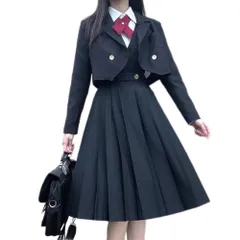 S_六点セット(ジャケット+紺色ワンピース +長袖シャツ+リボンタイ+チェーン+ワッペン） [hurtbasuketto] 卒業式 女の子 ショートジャケット ハイウエスト スカート ブラウス 長袖シャツ ジャンスカ スーツ キッズ 子供服 フォーマル 六点セ