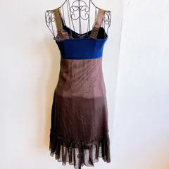 良品✨ モーガン MORGAN キャミワンピース ノースリーブ 膝丈 ブラウン リボン シアー透け感 シースルー 異素材 チュール Aライン フレア  日本製 フリル シンプル 無地 バイカラー シフォン