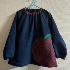 120サイズ BIGりんごポケット タータンチェック 赤 長袖スモック 首パイピング