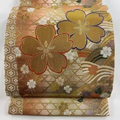 袋帯 美品 秀品 振袖向き 関西仕立て 桜 籠目 箔 金糸 金色 六通 正絹 【中古】