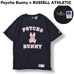 サイコバニー x ラッセル アスレティック Psycho Bunny x RUSSELL ATHLETIC ロゴ プリント Tシャツ クルーネック カットソー ダブルネーム サイドシーム 横割り 天竺 L ネイビー メンズ