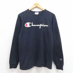 M/古着 チャンピオン champion 長袖 Tシャツ メンズ ビッグロゴ フロッキープリント コットン クルーネック 濃紺 ネイビー 25sep05 中古
