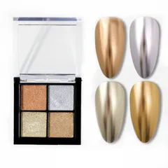 【新着商品】レジン メタリックパウダー ジェルネイル ネイルアート シルバー ゴールド チップ付き パウダー ミラーネイル 4色セット ネイルパウダー (B) 固形 パレット ミラーパウダー