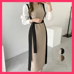 【スタッフおすすめ！】 袖切り替え ニットワンピース ロング配色 秋冬ワンピース上品/オフィスカジュアル/ワンピース韓国大人 レディース オシャレ カットソーワンピ おすすめ おしゃれ　かわいい　人気 2YTONG-003