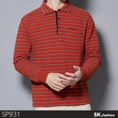 美品 Mr JUNKO ミスタージュンコ トップス ポロシャツ 長袖 ボーダー柄 胸ポケット カジュアル ゆったり 　レッド　 【SP931-00】 送料無料　古着　メンズのサムネイル