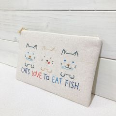 深型ポーチ【魚と猫】刺し子・綿麻・コットン