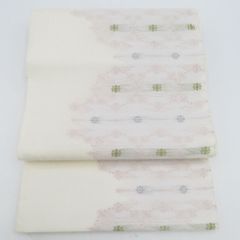袋帯 夏用 洒落袋帯 絽 花菱文様 白色ｘ薄ピンク色 パステル系 六通柄 正絹 仕立て上がり 夏物 長さ436cm