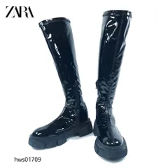 ZARA ロングブーツ トラックソール サイドジップ 厚底 コスプレ 合皮 35 ブラック レディース hws01709