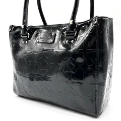 ✨良品✨ kate spade ケイトスペード トートバッグ ハンドバッグ  総柄 ロゴ型押し シルバー金具 A4収納 大容量 肩掛け エナメルレザー レディース ブラック 黒色