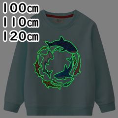 子供服 男の子 女の子 光る 蓄光 トレーナー 長袖 100㎝ 110㎝ 120㎝ サメ 水色 ライトブルー コットン100％ 綿 裏起毛無し 男女兼用  ジンベイザメ シュモクザメ 春物 秋 冬 スウェット 暗闇で光る！ カットソー キッズ 水族館 新品