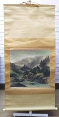 真作】掛軸 山下巌 早春 里山と水辺の情景 穏やかな里の春景 共箱入