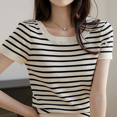 トップス ニット カットソー Tシャツ ボーダー エレガント レディース ラウンドネック 大人 可愛い 半袖 きれいめ カジュアル フェミニン シンプル インナー ナ zzr0415157203d5