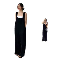 送料無料 サロペット 大きいサイズ オールインワン レディース 無地 大きいサイズ スリット ワイドパンツ ガウチョ カジュアル オフィス 通学 通勤 シンプル 美脚 ブラック lCz9364