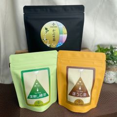 かぶせ茶＆三角ティーバッグ10個入り３点セット(深蒸し茶、ほうじ茶)