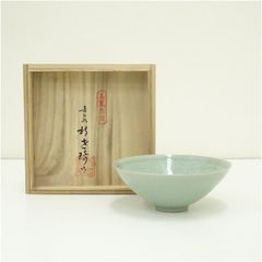 人間文化財】柳根瀅 作 高麗青磁 象嵌 抹茶碗 共箱付 茶道具 薄造り 平