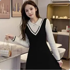 学生風 プレッピー ニットワンピース ワンピース ミニ ミニ丈 膝上 袖あり 長袖 襟付き Aライン 切り替えデザイン ドッキング リブ リブニット 編み込み ニット かわいい きれいめ シンプル カジュアル 上品 おしゃれ こなれ感 ラブリー キュート ガー