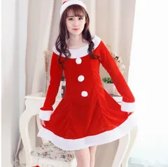 ～11月18日よりセール実施中～　サンタ風コスチューム　長袖ワンピース　セクシーコスプレ　帽子付き　フリーサイズ（S～Lサイズ）