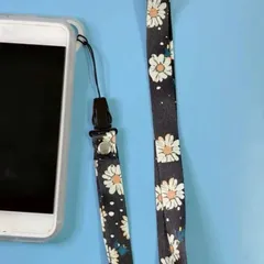 スマホ首掛けストラップ【花柄ブラック】落下防止 首掛け 会員証 社員証